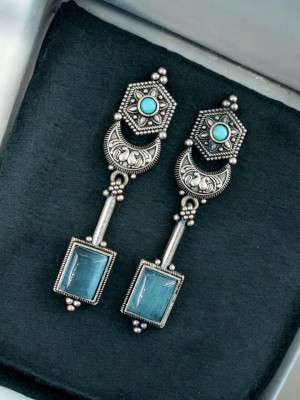 Trendy Silver Oxidised Designer Bohemian Long Dangler Bollywood Jewellery Monalisa Stone Earrings