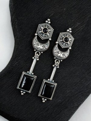 Trendy Silver Oxidised Designer Bohemian Long Dangler Bollywood Jewellery Monalisa Stone Earrings