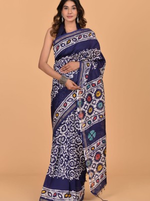 Affordable Blue Chanderi Silk Saree Hand Block Floral Printed with Unstitched Blouse