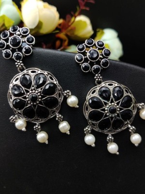 Traditional Indian Designer Silver Oxidised Dangler Jewellery Stone Work Earrings