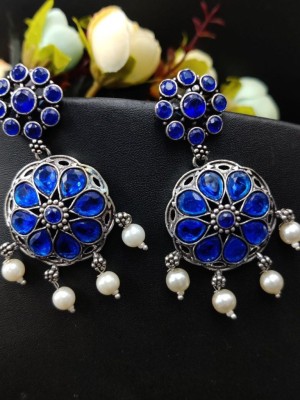 Traditional Indian Designer Silver Oxidised Dangler Jewellery Stone Work Earrings