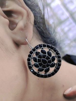 Indian Lotus Boho Silver Look Like Oxidised Hook Stone Work Earrings for Girls