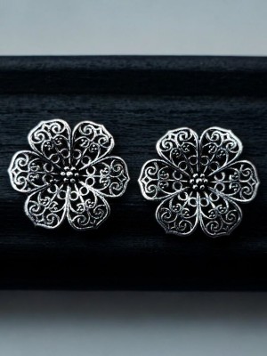 Oxidized Flower Shaped Stud German Silver Tops Earrings Jewelry For Women