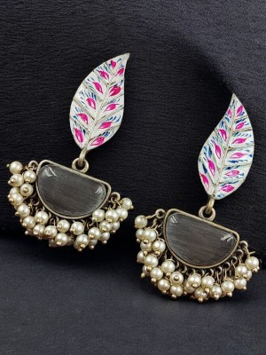 Indian Handmade Painting Dangler Silver Oxidised Stud Monalisa Stone Pearl Drop Earrings