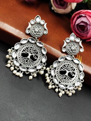 Tree of Life Designer Silver Oxidised Dangler Jewellery Stone Work Earrings with Pearl Drop