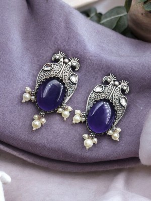 Rustic Indian Peacock Silver Oxidised Stud Monalisa Stone Pearl Beads Boho Earrings