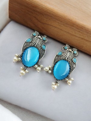 Rustic Indian Peacock Silver Oxidised Stud Monalisa Stone Pearl Beads Boho Earrings