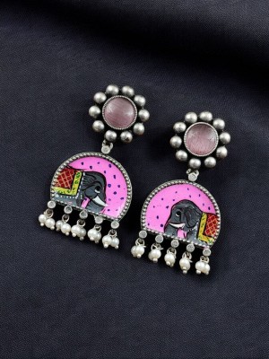 Indian Artisans Hand Painted Dangler Rustic Silver Oxidised Stud Pearl Drop Boho Earrings