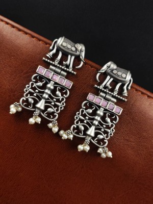 Vintage Rustic Elephant Silver Oxidised Stud Pearl Beads Tribal Earrings for Girls