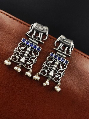 Vintage Rustic Elephant Silver Oxidised Stud Pearl Beads Tribal Earrings for Girls