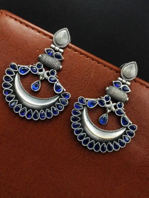 Exquisite Chandbali Silver Oxidised Dangler Stone Work Bollywood Earrings Gift to Her