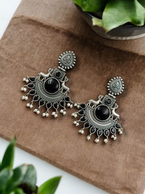 Unique Attractive Deer Chandbali Silver Oxidised Dangler Stone Work Bollywood Earrings