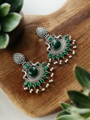 Unique Attractive Deer Chandbali Silver Oxidised Dangler Stone Work Bollywood Earrings