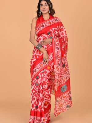 Roma Red Chanderi Silk Saree Hand Block Floral Printed with Unstitched Blouse