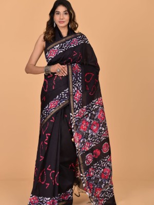 Premam Black Chanderi Silk Bangla Saree Hand Block Printed with Unstitched Blouse