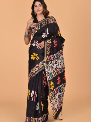 Mahika Black Chanderi Silk Bangla Saree Hand Block Floral Printed with Unstitched Blouse