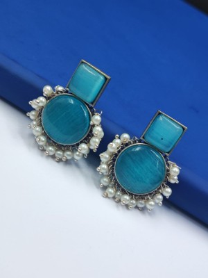 Ethnic Indian Monalisa Stone Stud Earring Silver Oxidised Pearl Beads Drop Jewelry