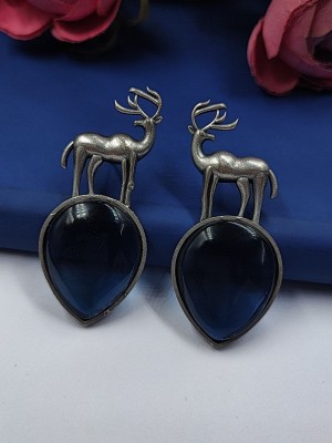 Stag Deer Monalisa Stone Stud Earring Silver Oxidised Earrings Gift for Women