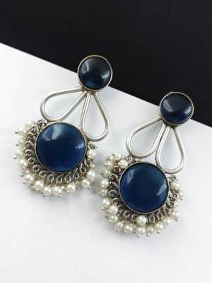 Elegant Indian Monalisa Stone Dangler Earring Silver Oxidised Pearl Beads Drop Ethnic Jewelry