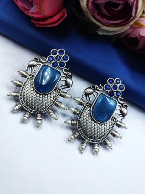 Boho Elephant Monalisa Stone Stud Antique Earring Silver Oxidised Pearl Beads Earrings