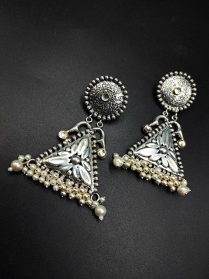 Rustic Indian Handmade Dangler Earring Silver Oxidised Pearl Beads Drop Ethnic Jewelry