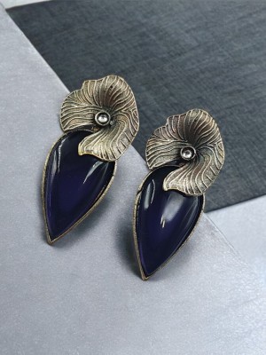 Exquisite Leaf & Almond Shaped Monalisa Stone Stud Earring Silver Oxidised Earrings