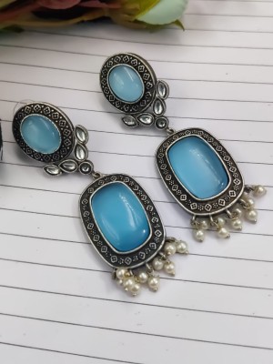 Elegant Rustic Silver Oxidised Monalisa Stone Dangler Earring Pearl Beads Drop Ethnic Jewelry