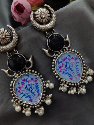 Hand Painted Silver Oxidised Monalisa Stone Dangler Earring Pearl Beads Drop Boho Jewelry