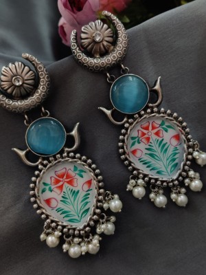 Hand Painted Silver Oxidised Monalisa Stone Dangler Earring Pearl Beads Drop Boho Jewelry