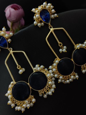 Gold Plated Monalisa Stone Dangler Earring Pearl Beads Drop Indian Earrings