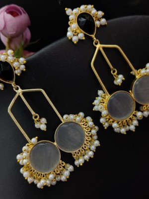 Gold Plated Monalisa Stone Dangler Earring Pearl Beads Drop Indian Earrings