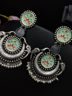 Stylish Hand Painted Chandbali Silver Replica Ethnic Pearl Beads Work Dangler Earrings