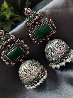 Beautiful Bohemian Jhumka Indian Silver Replica Ethnic Monalisa Stone Dangler Jhumka Earrings