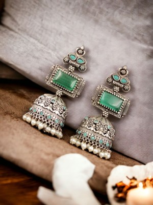 Beautiful Bohemian Jhumka Indian Silver Replica Ethnic Monalisa Stone Dangler Jhumka Earrings