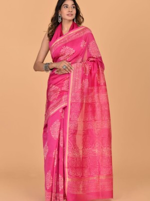 Padmini Pink Chanderi Silk Hand Block Printed Bangla Saree with Unstitched Blouse