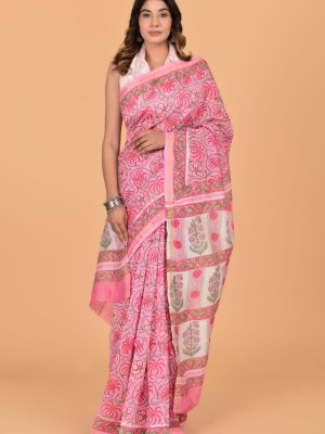 Tripti Pink Chanderi Silk Hand Block Floral Printed Bangla Saree with Unstitched Blouse