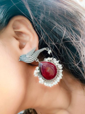 Unique Bird Ethnic Monalisa Stone Stud Earring Silver Oxidised Pearl Beads Drop Dangler Jewelry