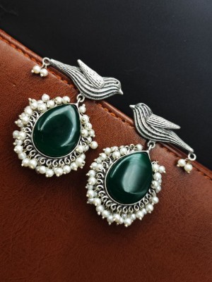 Unique Bird Ethnic Monalisa Stone Stud Earring Silver Oxidised Pearl Beads Drop Dangler Jewelry