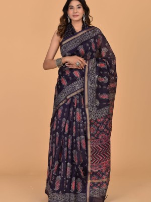 Misha Blue Chanderi Silk Hand Block Floral Printed Bangla Saree with Unstitched Blouse