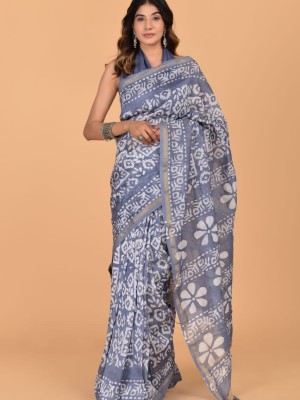 Chandni Blue Chanderi Silk Hand Block Floral Printed Bangla Saree with Unstitched Blouse