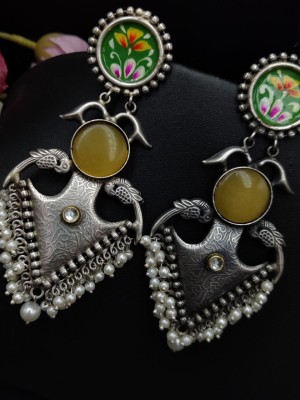 Oxidized Silver Monalisa Stone Dangler Earrings for Women Indian Boho Unique Design Bollywood Jewelry