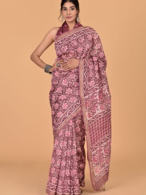 Sarika Pink Chanderi Silk Hand Block Floral Printed Bangla Saree with Unstitched Blouse