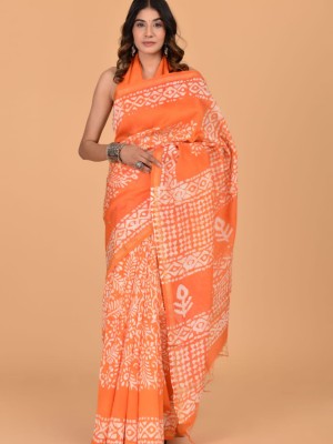 Sapna Orange Chanderi Silk Hand Block Floral Indian Printed Saree with Unstitched Blouse