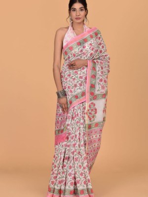 Aaliyah Beige Hand Block Floral Indian Chanderi Silk Printed Saree with Unstitched Blouse