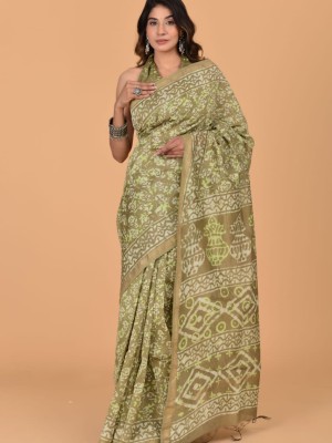 Salma Green Hand Block Floral Indian Chanderi Silk Printed Saree with Unstitched Blouse