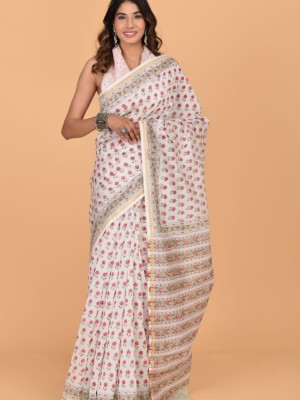 Anvi White Chanderi Silk Indian Printed Saree Hand Block Floral Print with Unstitched Blouse