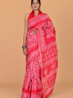 Balma Red Chanderi Silk Indian Printed Saree Hand Block Print with Unstitched Blouse