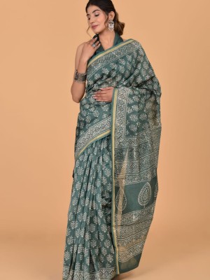 Saloni Grey Chanderi Silk Bangla Printed Saree Hand Block Print with Unstitched Blouse