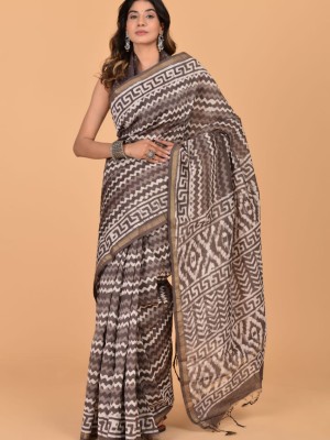 Hasina Multi Color Chanderi Silk Indian Zigzag Printed Saree Hand Block Print with Unstitched Blouse