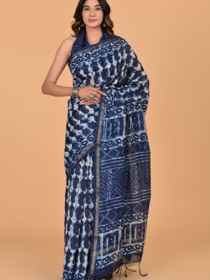 Tanvi Blue Chanderi Silk Indian Printed Saree Hand Block Print with Unstitched Blouse